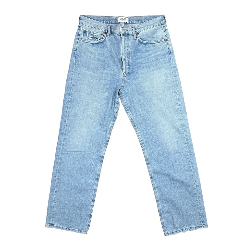 AGOLDE 90s Mid Rise Loose Fit Snapshot Distressed Blue Denim Jeans Womens 29